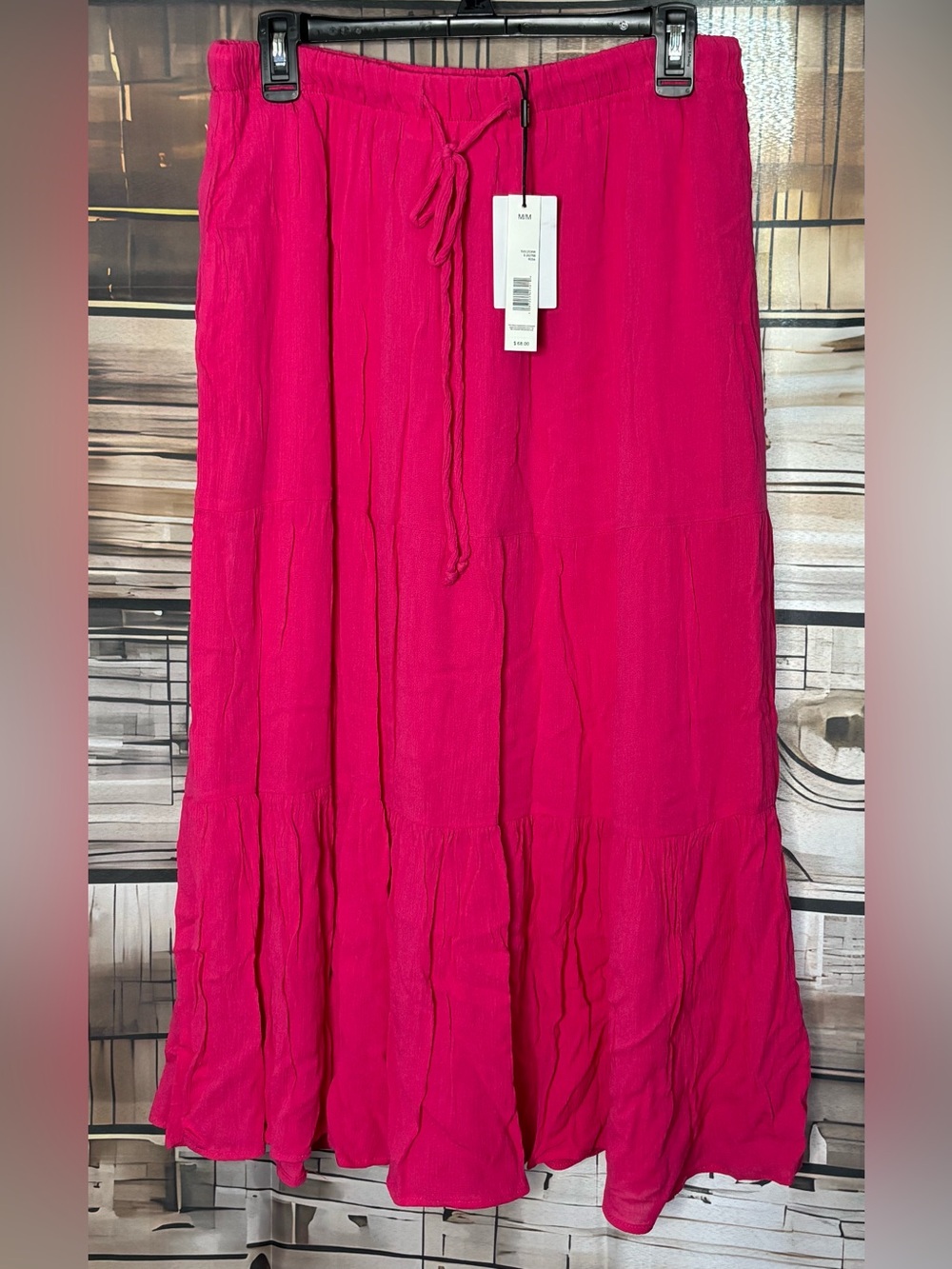 Tahari NWT Hot Pink Tiered Gauze Elastic Waist Maxi Skirt Medium